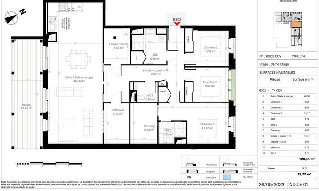 Appartement T4 à vendre - 4 pièces - 128,45 m2 - Olivet - 45 - CENTRE